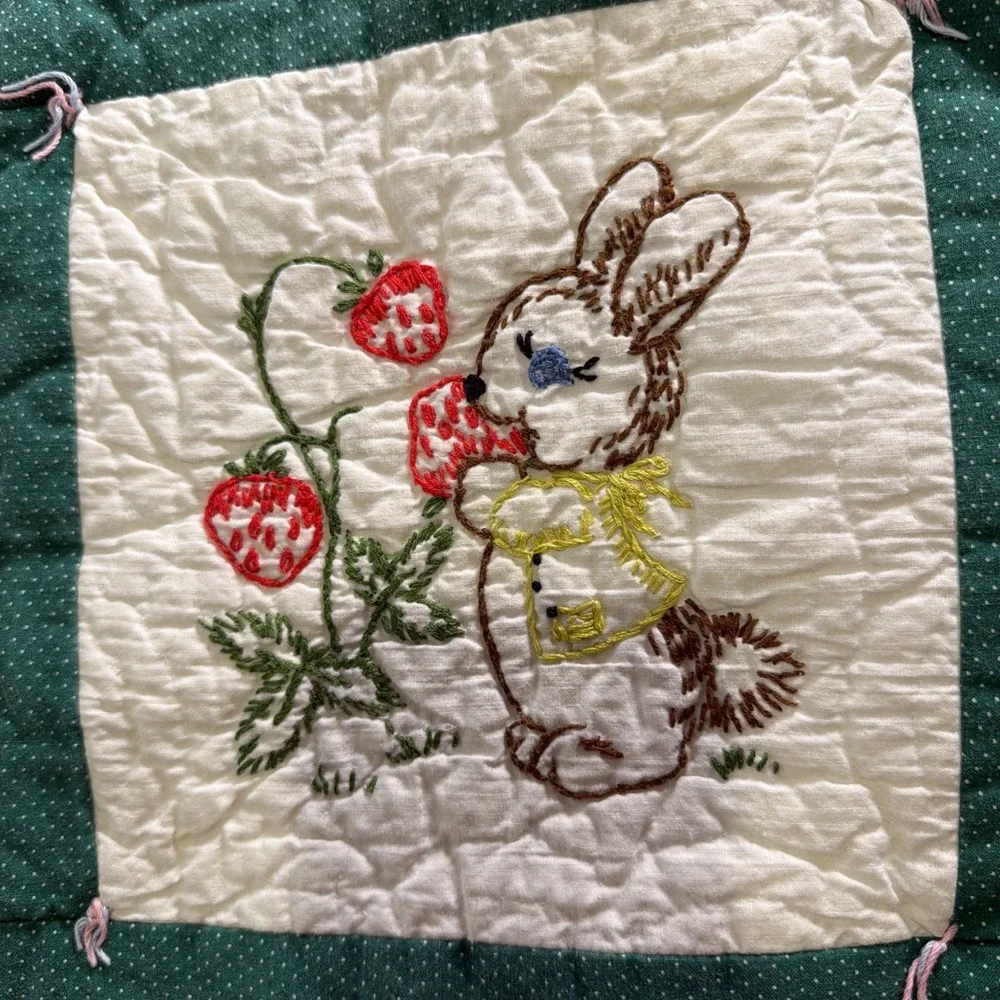 Vintage Handmade Embroidered Crib Quilt Playful Animals Green White